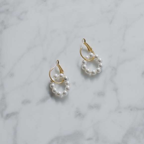 Gold Plated French Acrylic Pearl Hoops Earrings - Picture 6 of 7